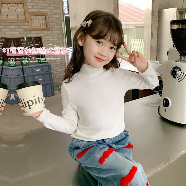女童高领打底衫春秋2024新款白色儿童长袖T恤女孩内搭春装上衣潮