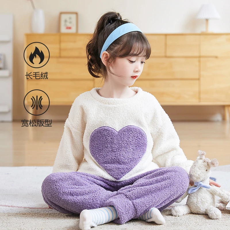 女童秋冬季珊瑚绒套装儿童加绒加厚法兰绒睡衣女孩保暖家居服冬装