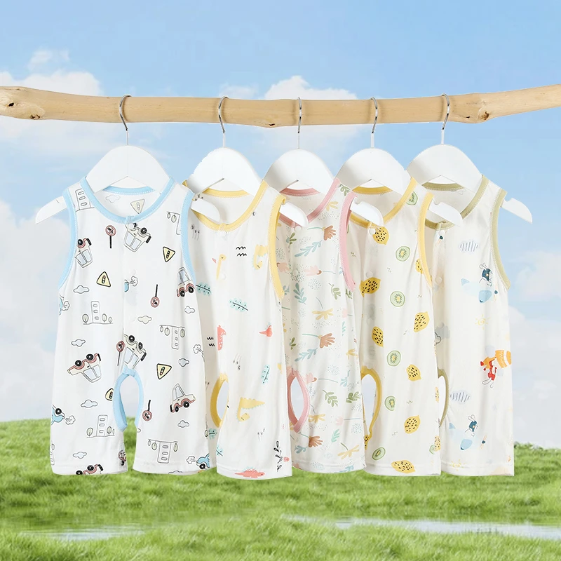 婴儿连体衣服竹纤维夏季薄款新生儿吊带背心哈衣爬服无袖宝宝夏装