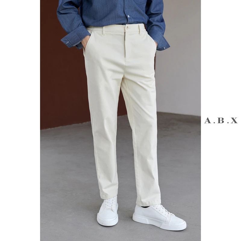 秋季330G棉弹微磨毛休闲裤男宽松直筒百搭裤子男士春秋米白色长裤