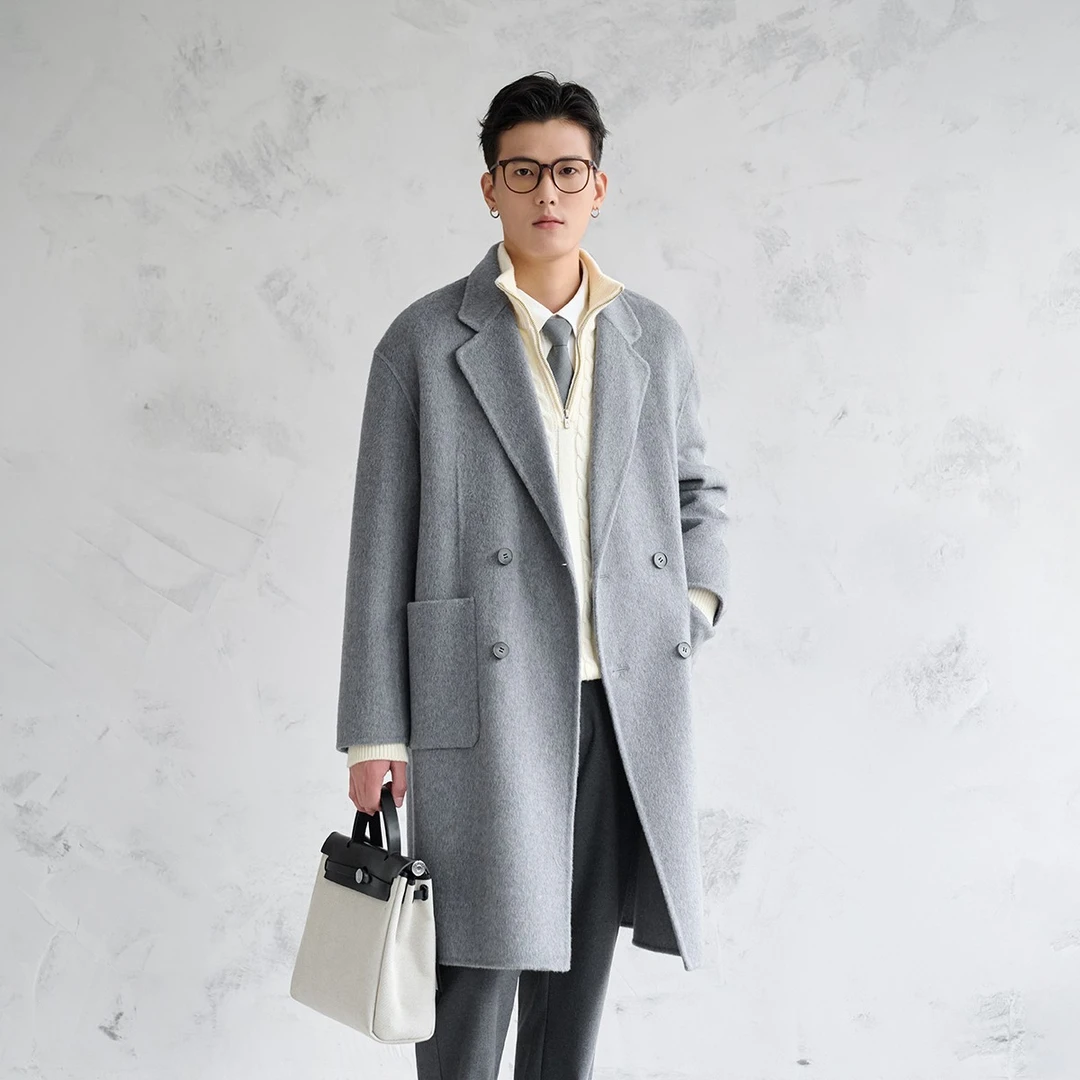 【牦牛绒兔绒羊毛混纺双面呢】经典双排扣中长款大衣外套男男士