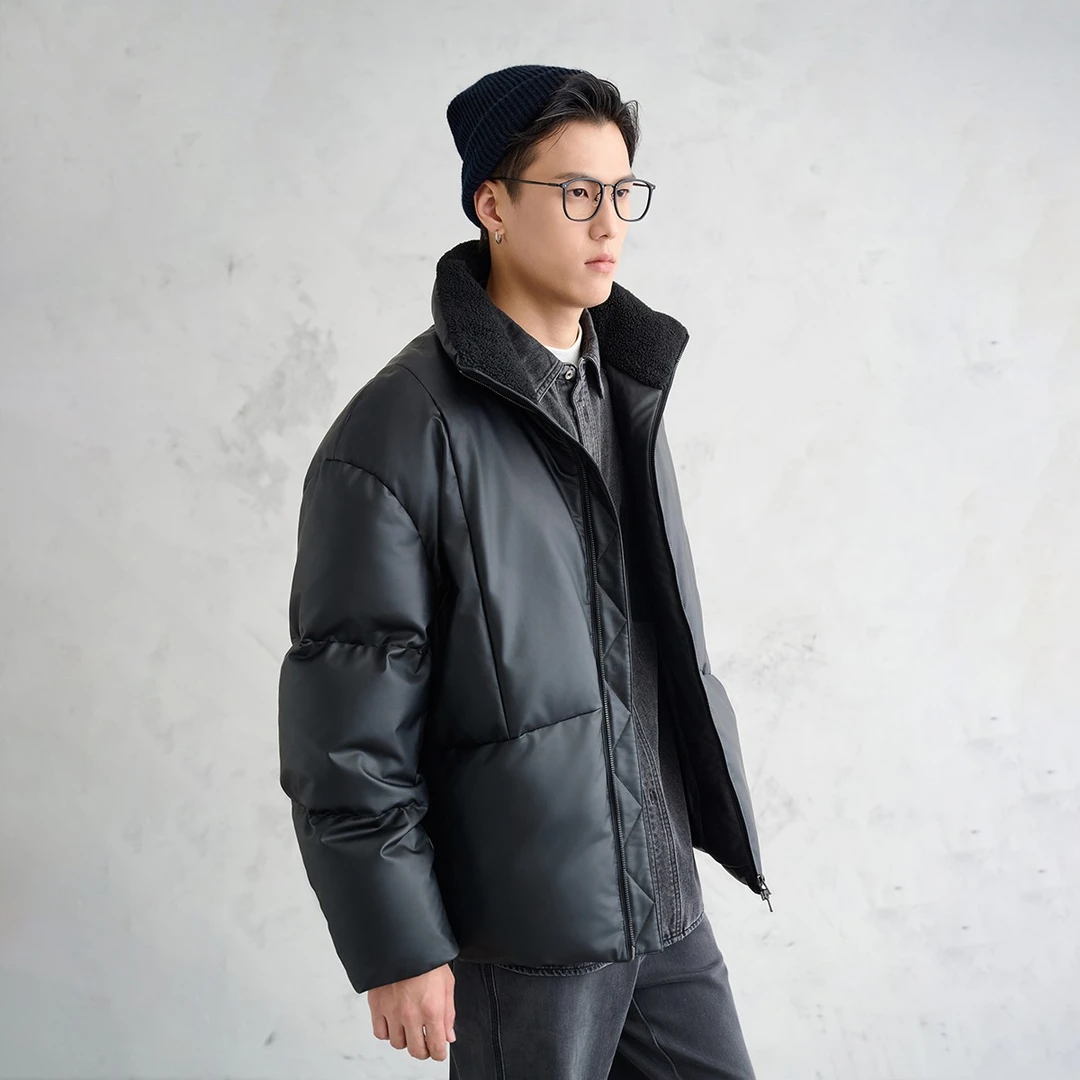 【软糯PU皮面料搭配仿羊羔毛领】冬季加厚保暖羽绒服夹克外套男