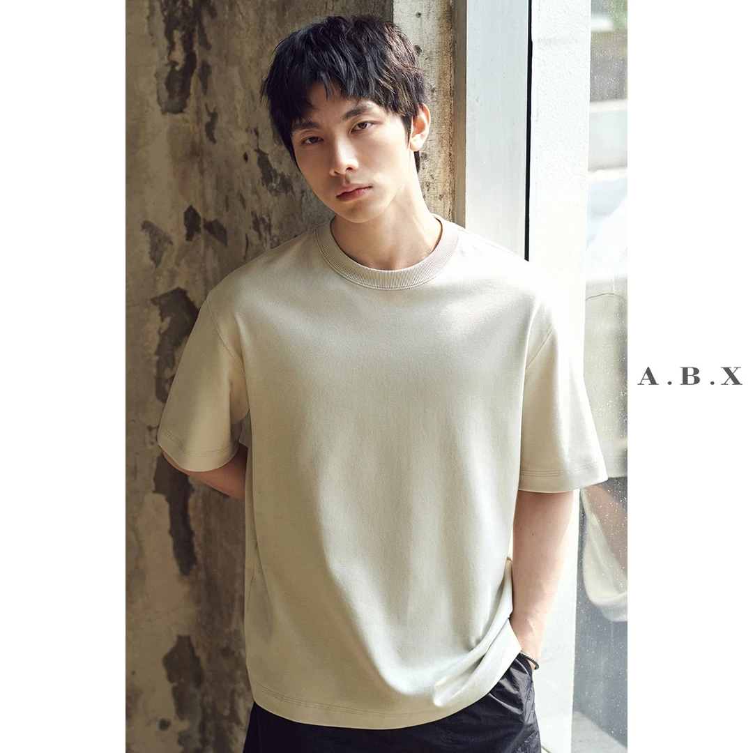 a.b.x进口300G重磅匹马棉双面液氨工艺 夏季宽松圆领短袖T恤男