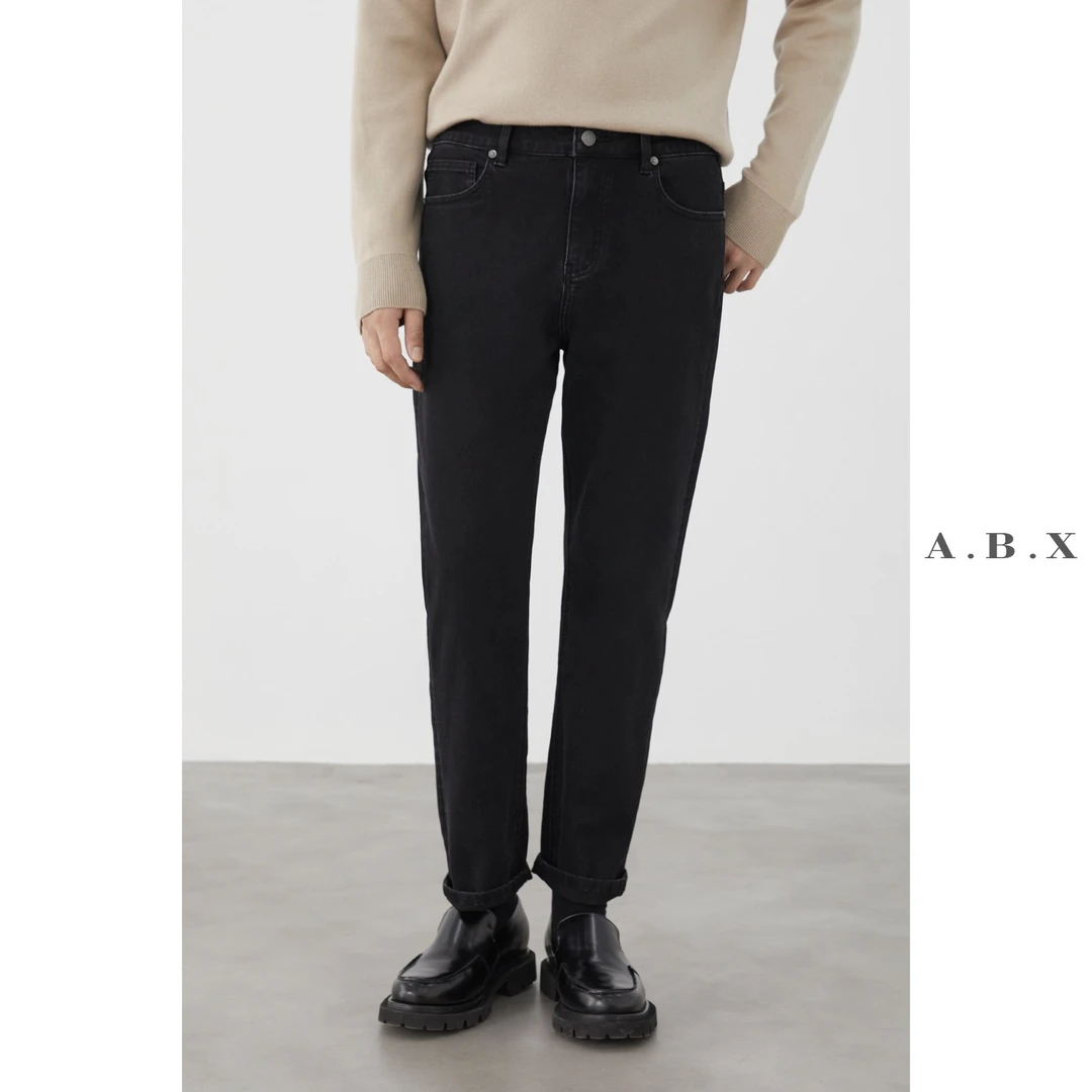 a.b.x火山岩弹力蓄热面料冬季加绒宽松直筒牛仔裤男胖男生