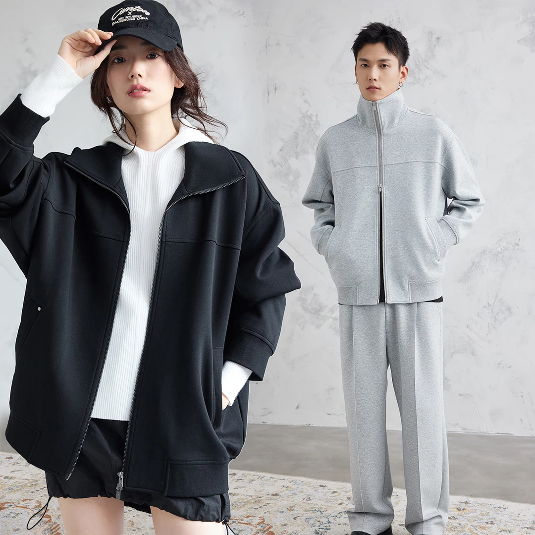 330G竖纹空气层双开拉链可翻立领卫衣 ZIP HOODIES 男女同款