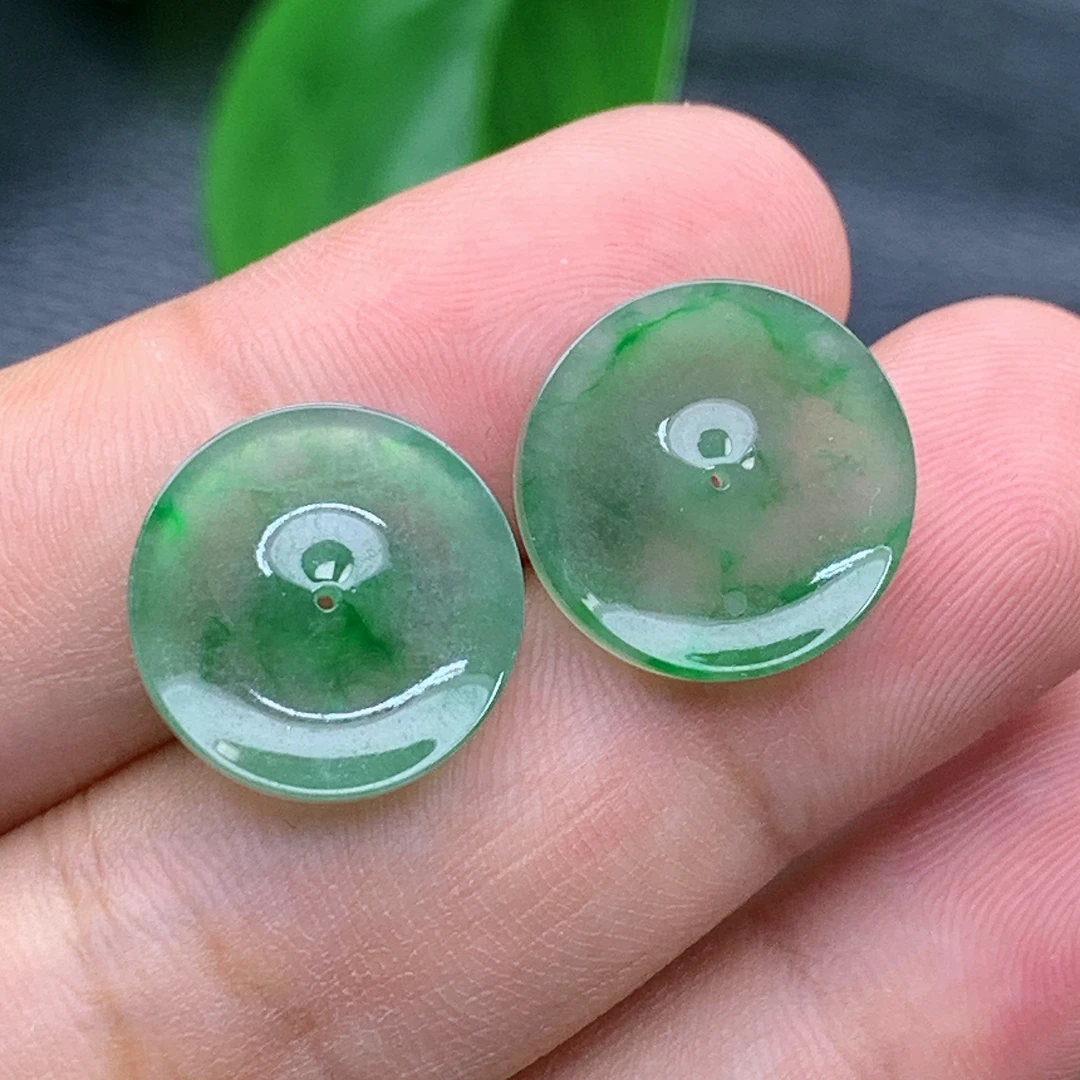 缅甸天然翡翠A货冰种满色平安扣一对 尺寸15×2.3mm