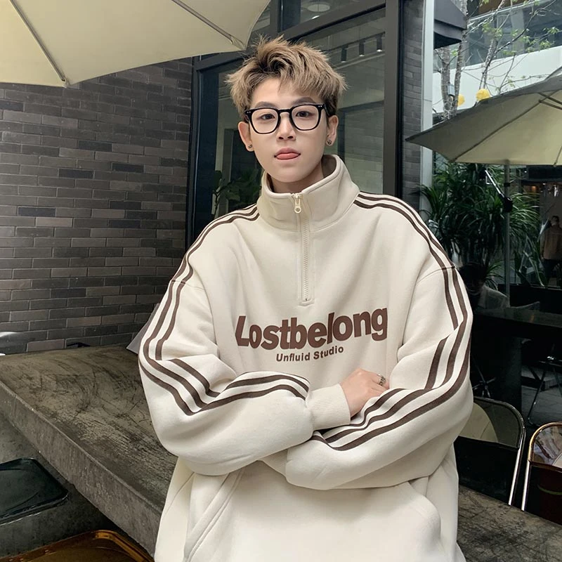 仓石一树美式复古半拉链卫衣春秋款条纹高街男潮外套重磅立领上衣