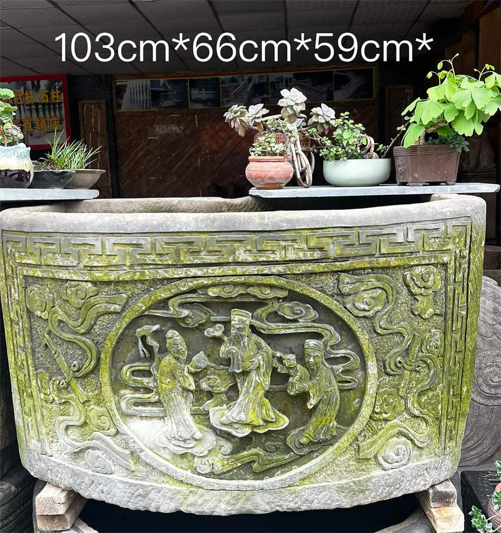 老物件中式雕刻风化石头鱼缸流水造景苔鲜鱼缸老式大气老物件