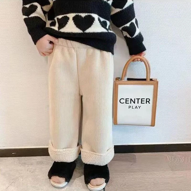 一体绒加厚灯芯绒秋冬2025冬女童洋气羊羔绒保暖休闲裤阔腿裤棉裤