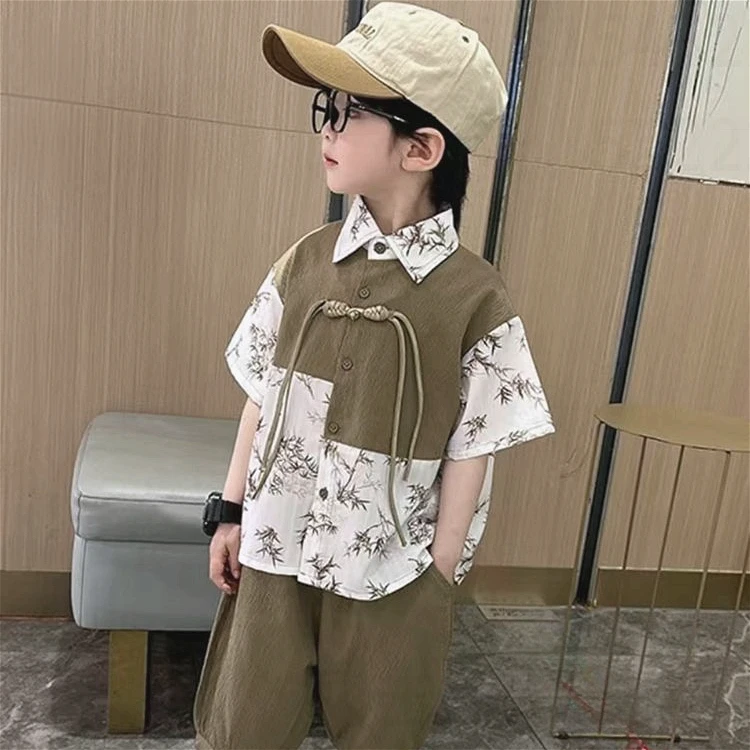 男童汉服复古风帅气儿童夏季套装男宝国风衬衫小童短袖套装2件套