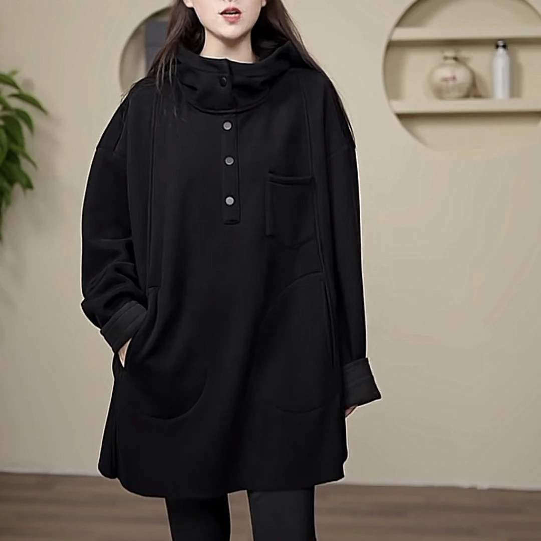 摇粒绒加绒加厚保暖中长款连帽卫衣女宽松休闲外套