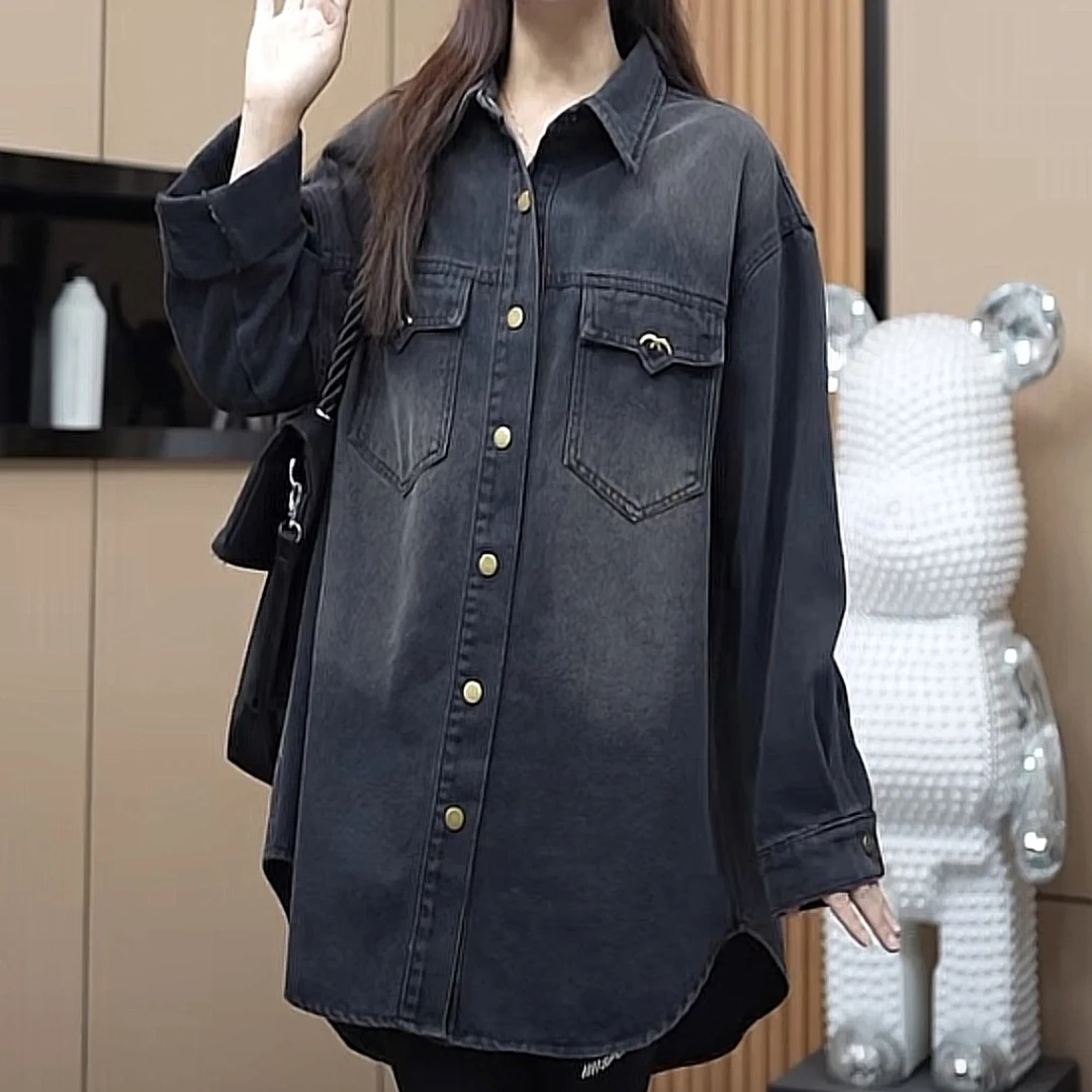 慵懒风宽松加绒加厚牛仔衬衫女休闲百搭上衣韩版时尚工装衬衣外套