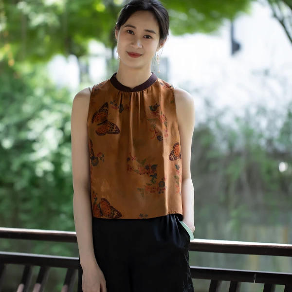 且听吴歌百花侧夏季新款桑蚕丝国风新中式气质复古无袖上衣时尚