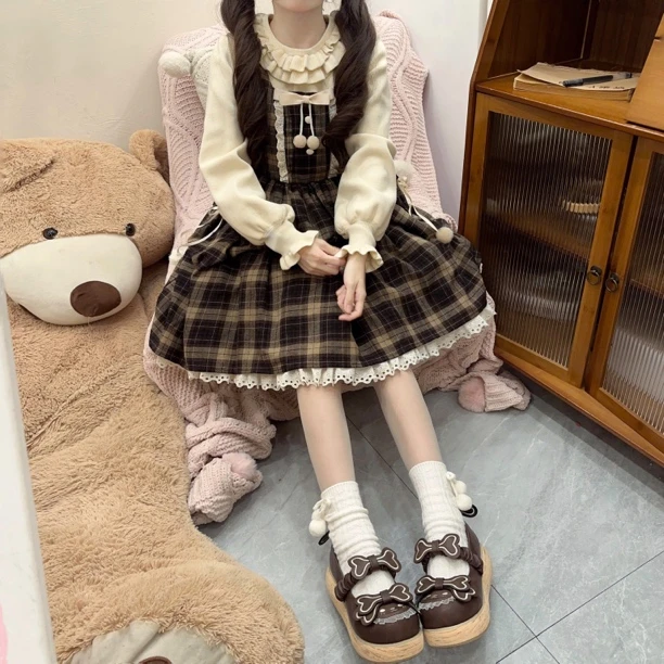 -原创-珍珠奶茶秋季咖色格子裙 美拉德森系文艺打底裙