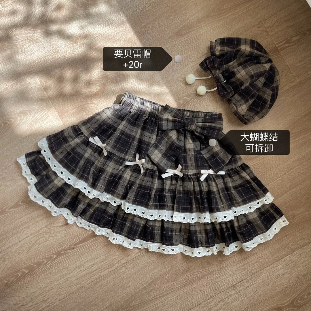 新品-自制纯棉咖啡格子短裙 秋冬美拉德显白A字蓬蓬小个子短裙