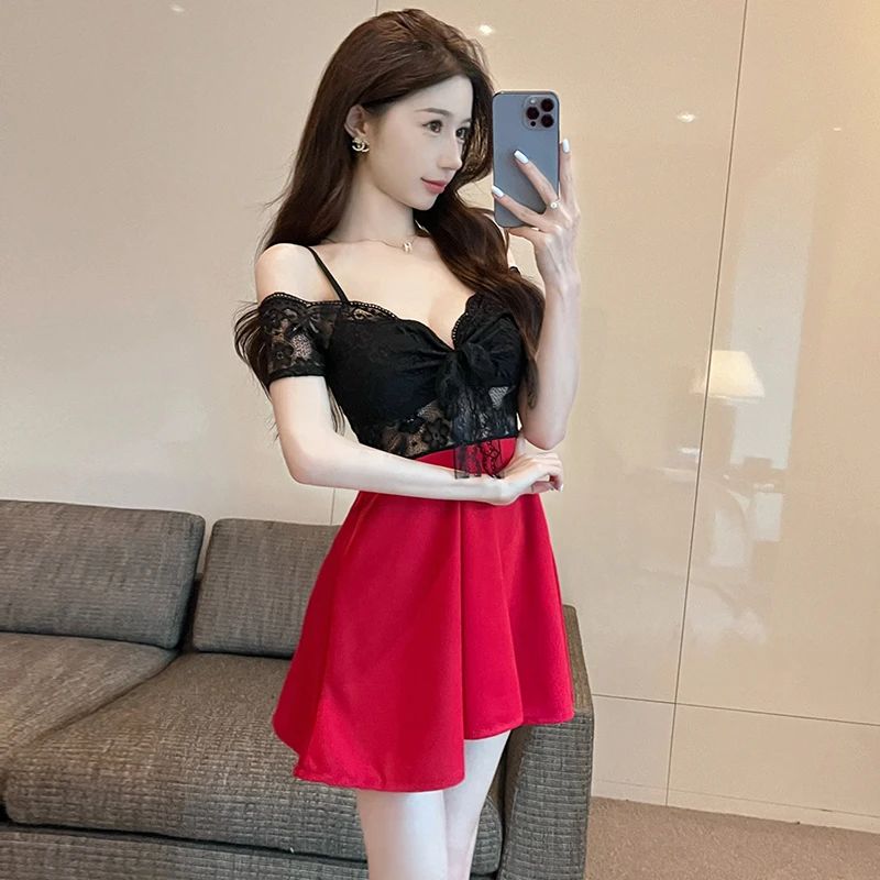 温柔气质蕾丝拼接吊带裙夏季纯欲风显瘦性感小个子露肩连衣裙女装