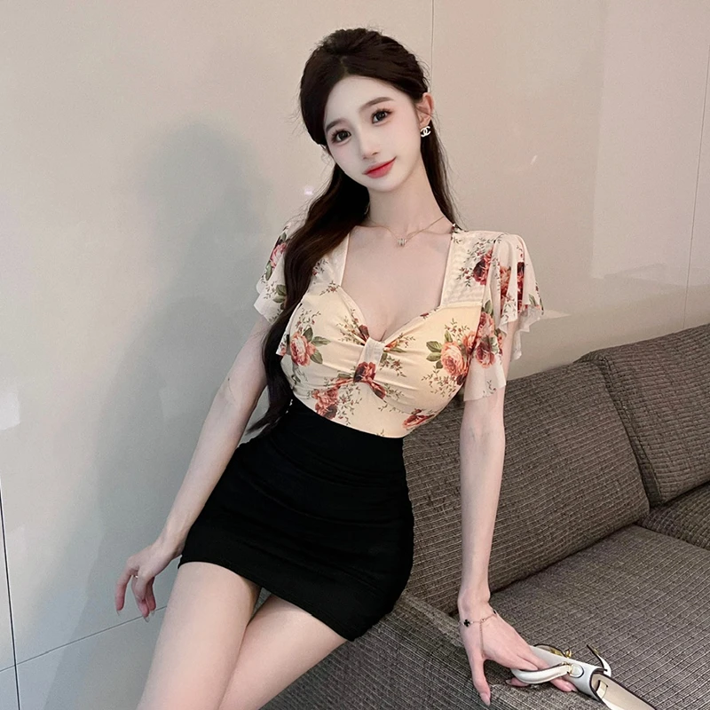 时尚性感印花拼接辣妹连衣裙夏季显瘦气质短款收腰纯欲修身包臀裙