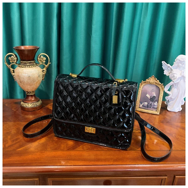 升级款小香风漆皮包包女2024新款韩版爆款女士菱格单肩双肩背女包