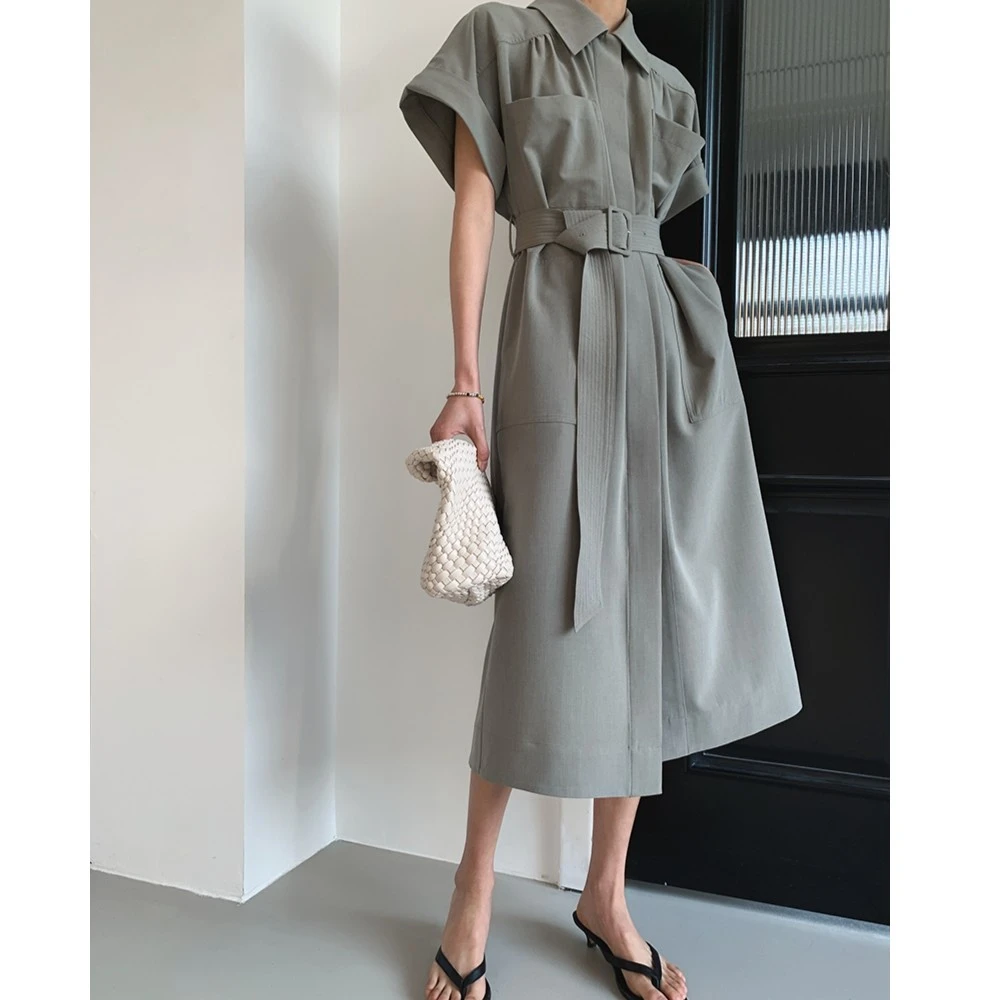 【赫本风连衣裙】春夏超显瘦通勤设计师款气质短袖衬衫连衣裙1766