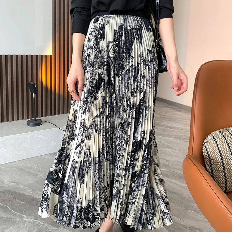 【新中式百褶裙】 复古高级感水墨印花A字松紧高腰半身裙女春1721