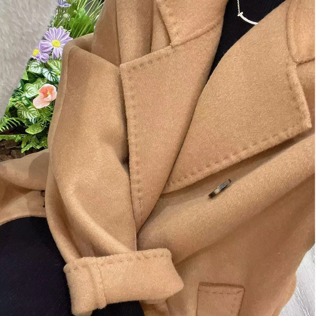 QINGGE 006韩剧女主双面羊毛短款小个子驼色系带双排扣毛呢外套