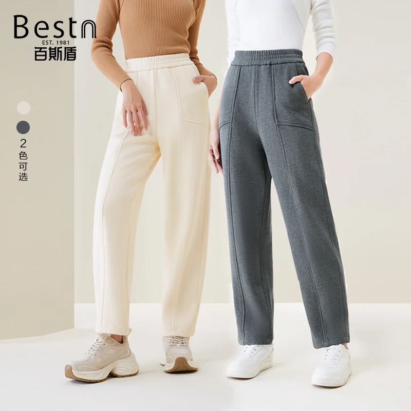 百斯盾加绒加厚九分弯刀裤2024冬季新款休闲裤舒适松紧腰香蕉裤