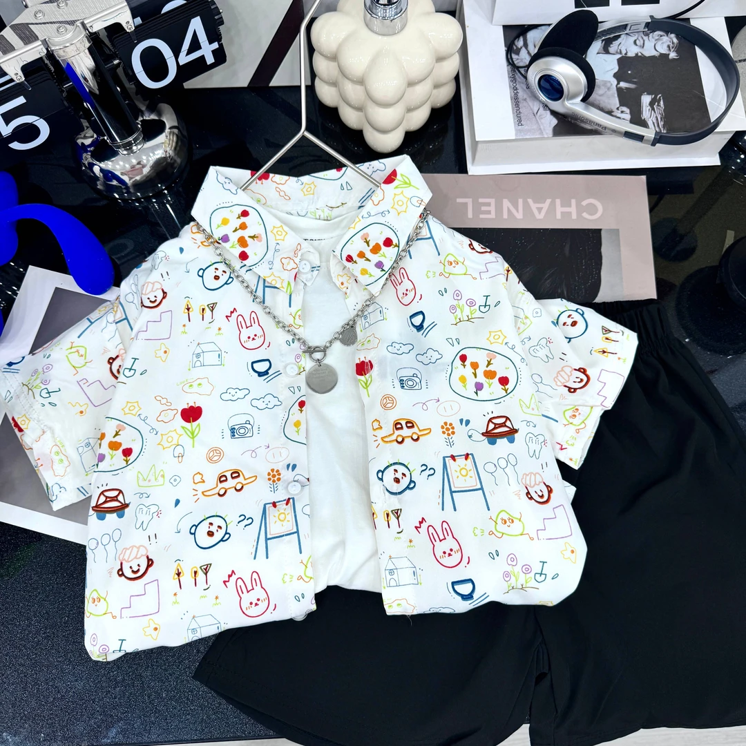 【童趣涂鸦】男童夏季短袖套装潮童休闲度假风卡通衬衫短裤童装