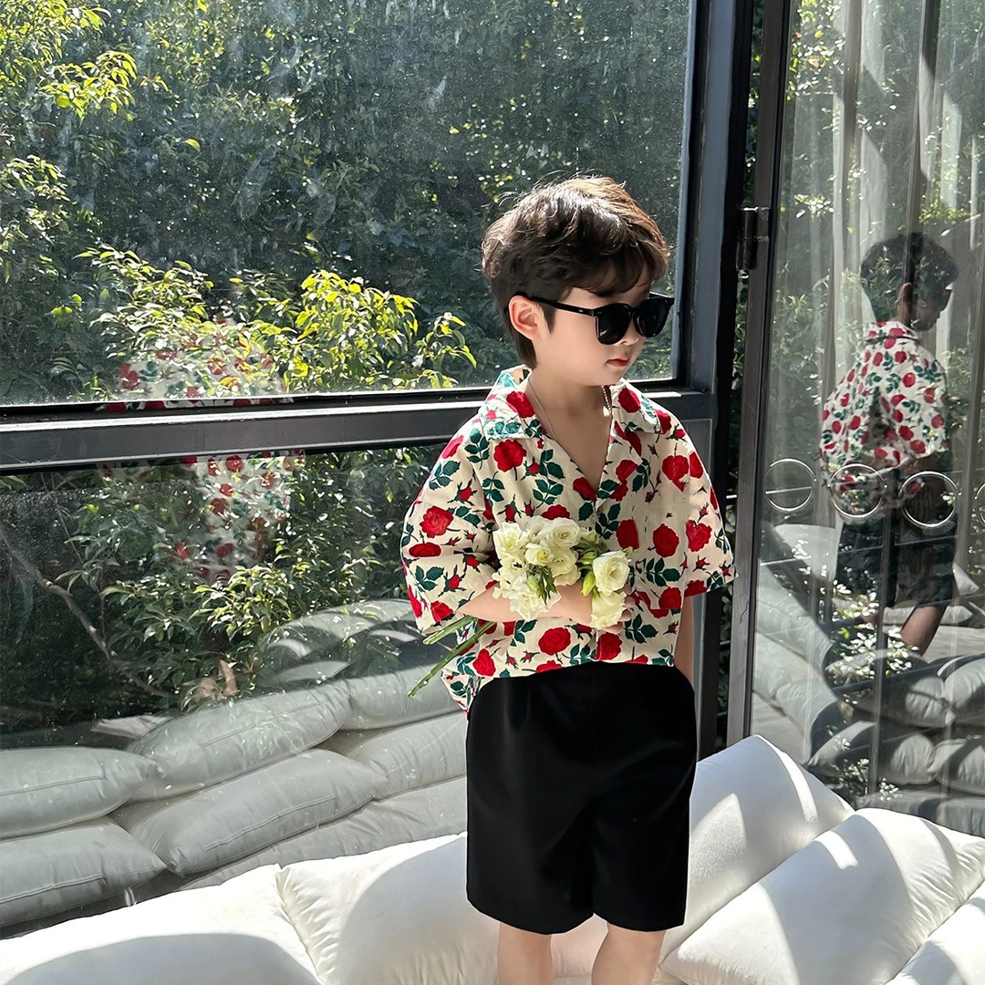 【玫瑰少年】男童夏季痞帅省钱风衬衫套装夏款度假风衬衫短裤中小童