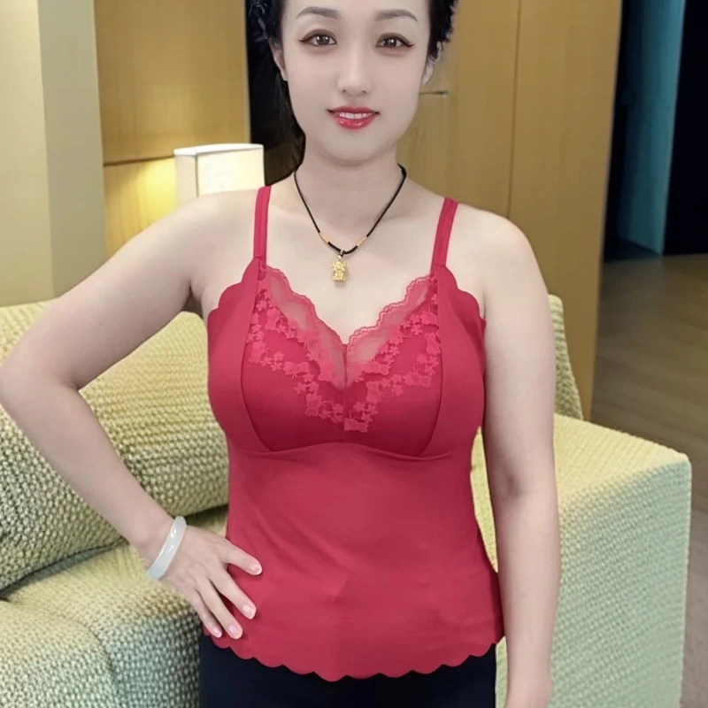 737网红爆款女士长款固定一体杯无痕水波纹蕾丝吊带美背背心