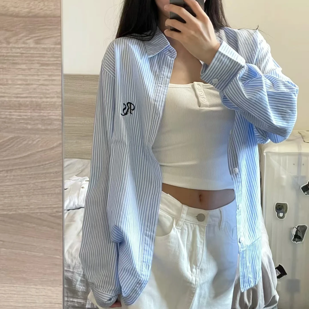 蓝条纹衬衫女慵懒风2024夏韩系宽松休闲衬衣印花长袖防晒上衣外套