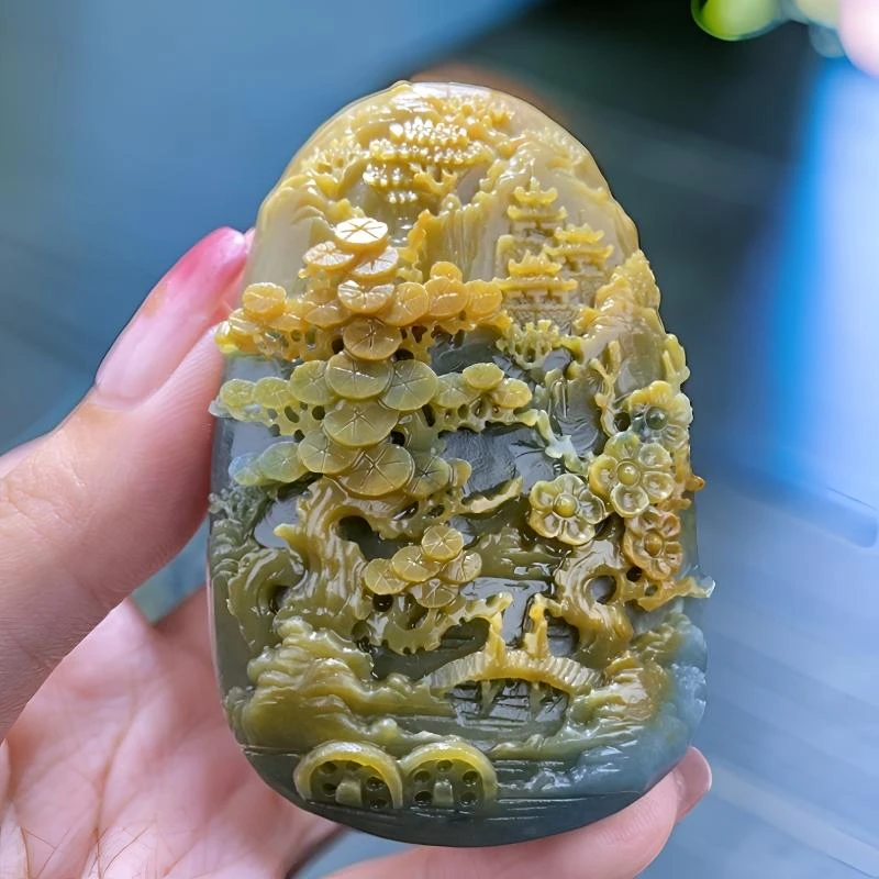 翡翠黄翡镂空山水毛货抛光3天左右 尺寸71*44*11.4mm