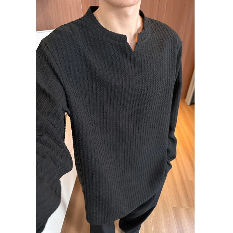 美式复古肌理感v领长袖t恤男秋冬cleanfit潮牌内搭打底衫上衣外套