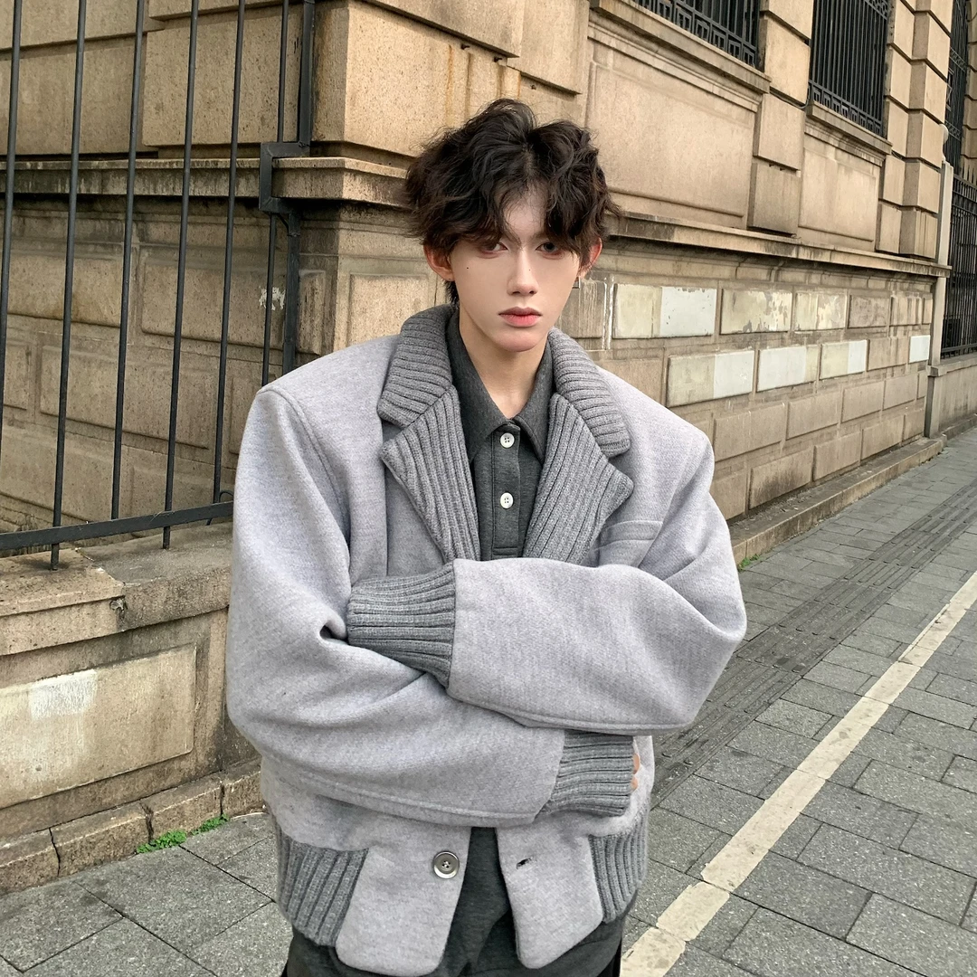 美式高街垫肩短款毛呢大衣外套男春秋潮牌高级感痞帅廓形呢子夹克