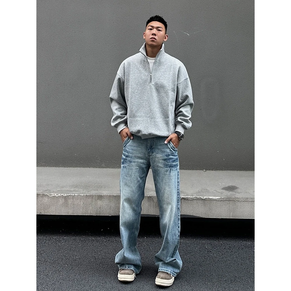 浅灰色半拉链质感重磅卫衣男春秋高级感痞帅美式潮牌宽松中山外套