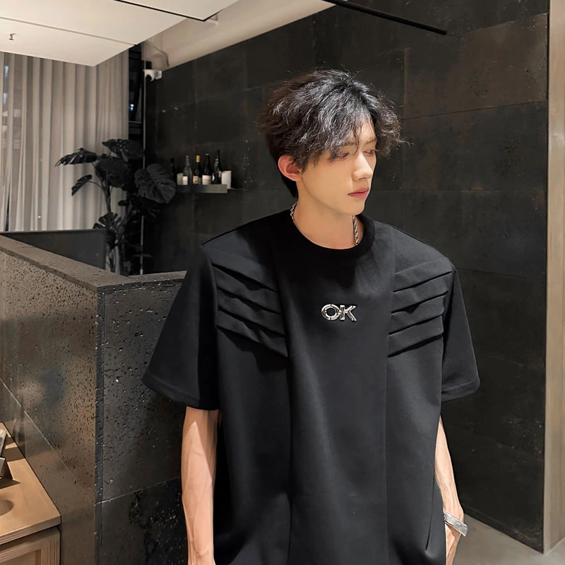 美式高街褶皱垫肩重磅300g短袖t恤男夏季高级感潮牌痞帅宽松半袖