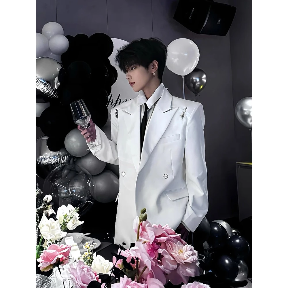 老钱风金属飞机扣垫肩西装外套男款春秋美式高街潮牌痞帅西服夹克