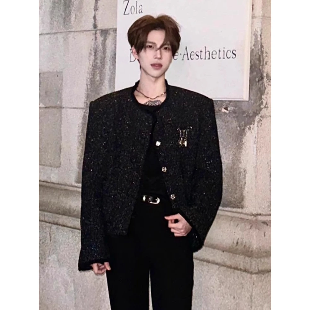 小香风满天星短款无领外套男秋冬美式潮牌高级感痞帅轻奢休闲夹克