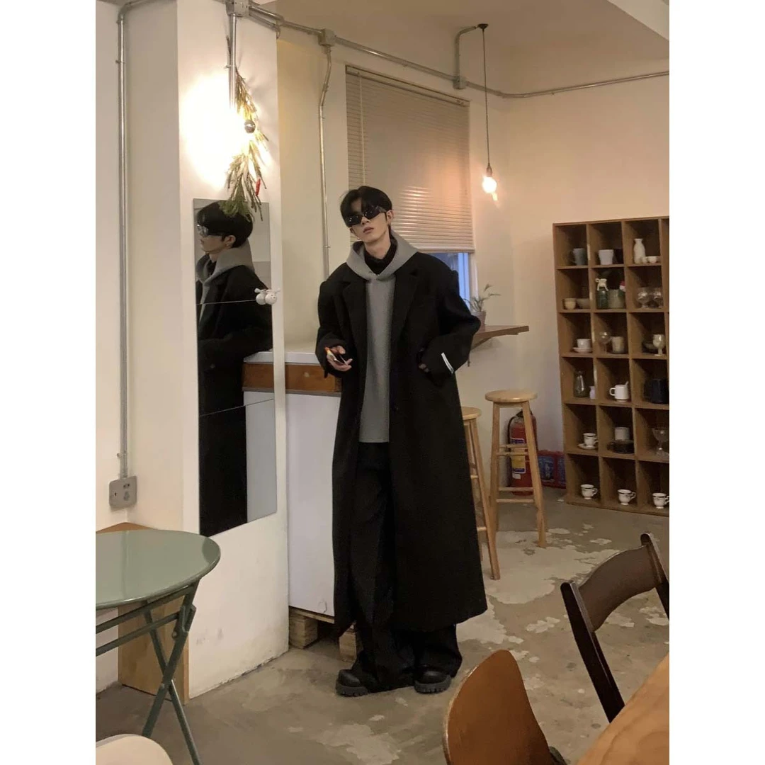 韩系中长款过膝毛呢大衣外套男款秋冬高级感潮牌雅痞休闲呢子风衣