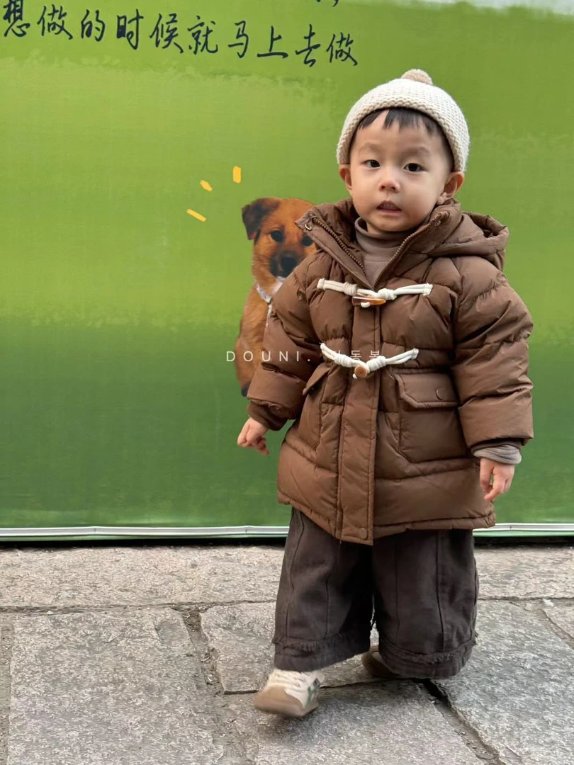 豆泥kids 2024韩版冬季儿童连帽羽绒服加厚保暖中长款外套上衣