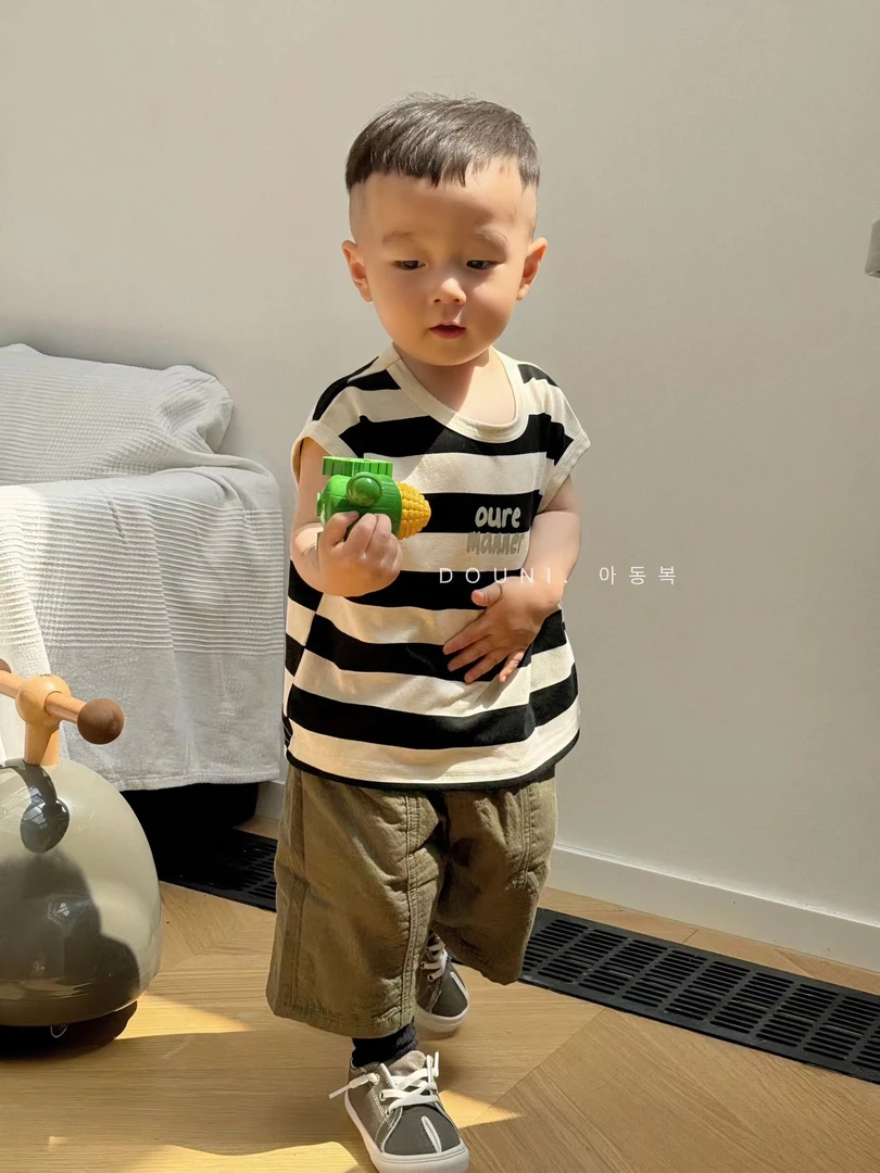 豆泥kids2024夏款儿童条纹宝宝韩版字母无袖上衣印花T恤男女童潮