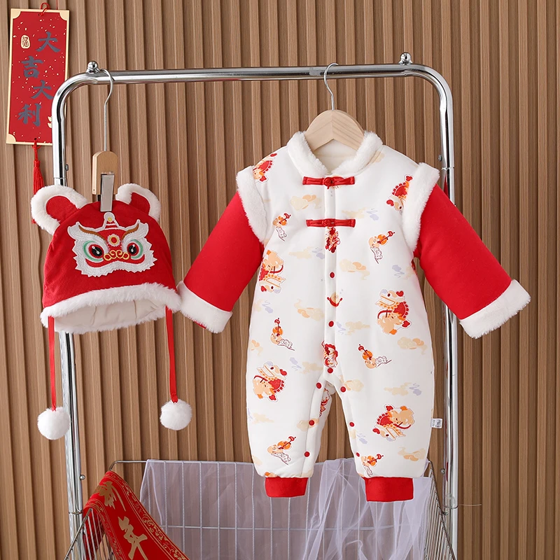 大红喜庆婴儿连体棉袄冬季夹棉加厚拜年服新生儿厚棉衣宝宝棉服