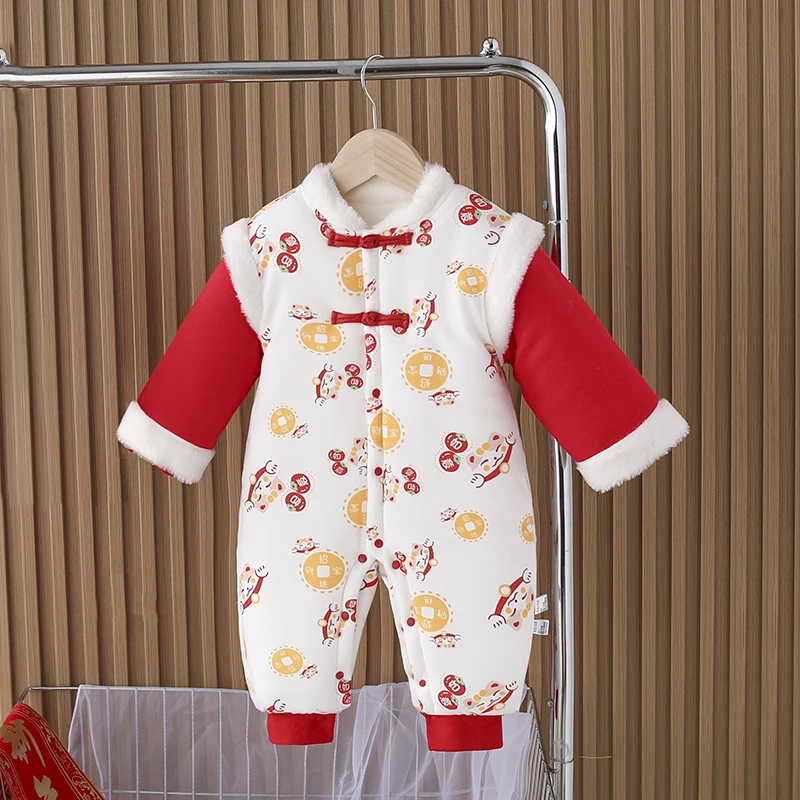 婴儿拜年服大红喜庆宝宝棉袄加绒夹棉加厚满月衣服周岁送礼中国风