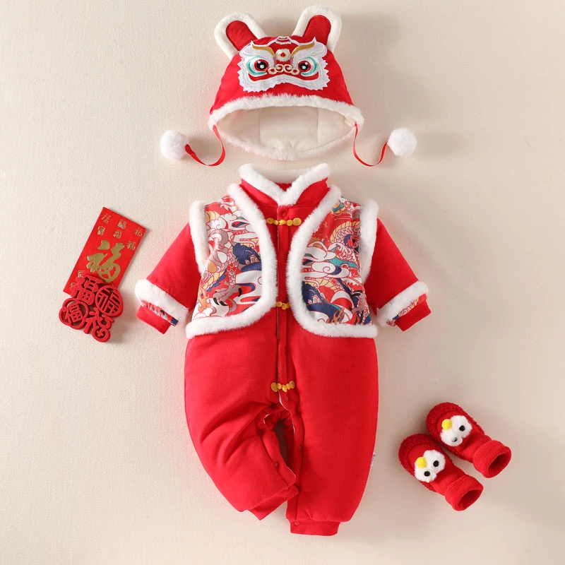 【送帽子】冬季婴儿连体棉袄加绒夹棉加厚拜年服宝宝棉服新生儿棉衣