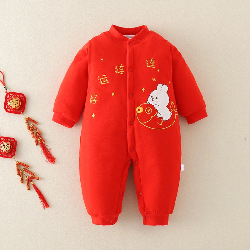 冬季婴儿棉袄拜年服夹棉加厚大红色0-12个月宝宝新生儿周岁礼服