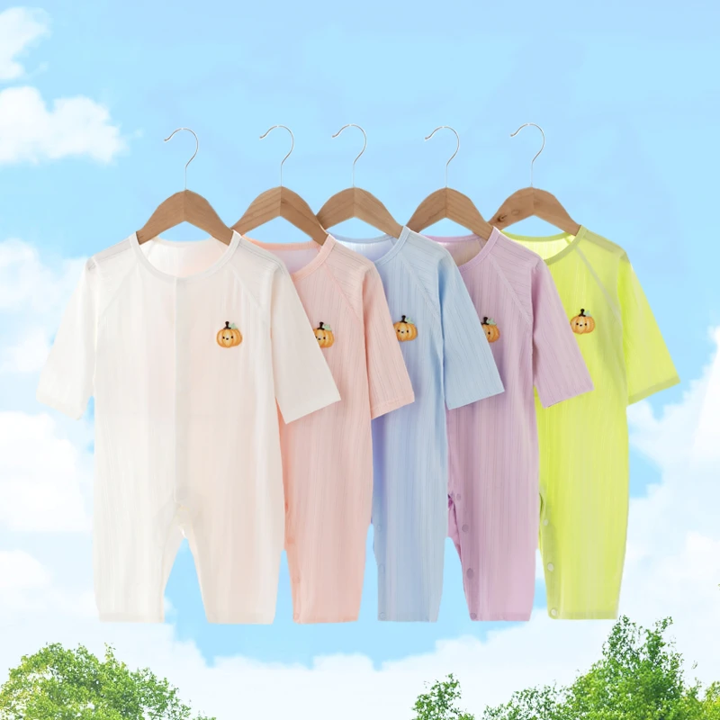 夏季婴儿连体衣夏天薄款凉爽透气吸汗新生儿长袖空调服哈衣爬服