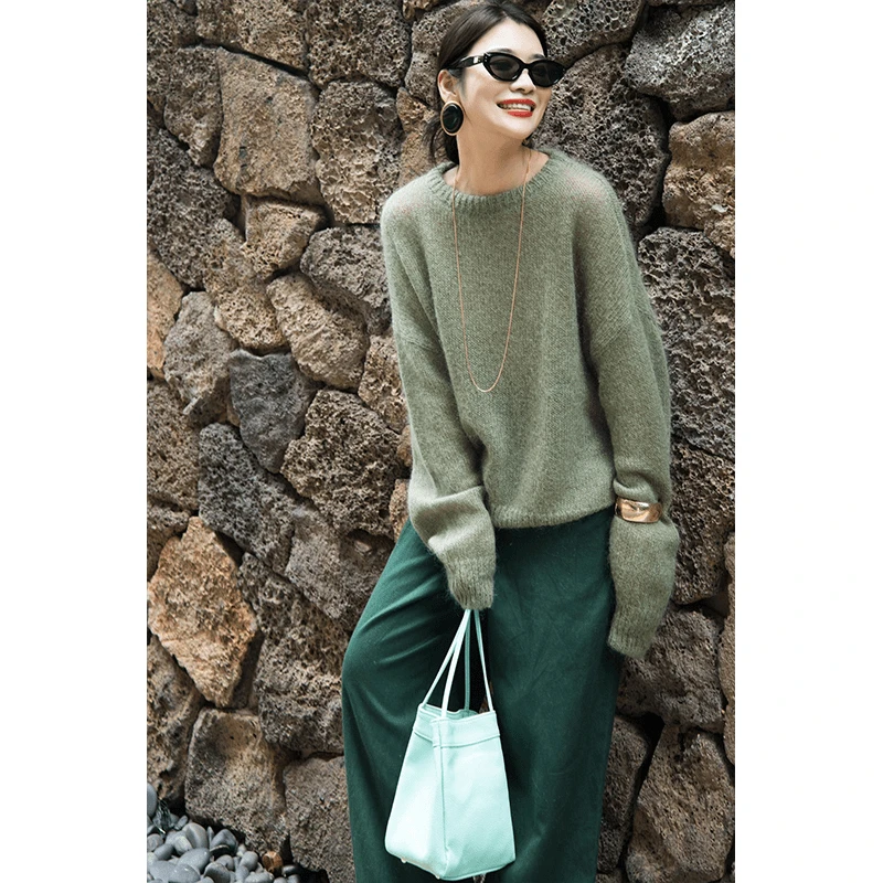 2024秋季新款时尚宽松慵懒风别致长袖圆领套头针织衫高腰休闲裤女