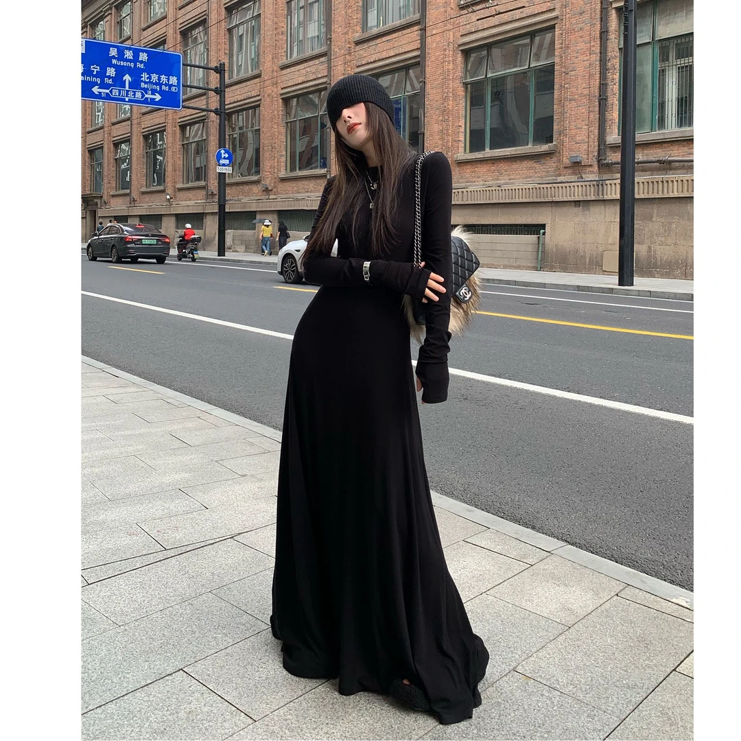 黑色长袖连衣裙针织裙女秋季新款修身显瘦内搭打底气质裙黑色外套