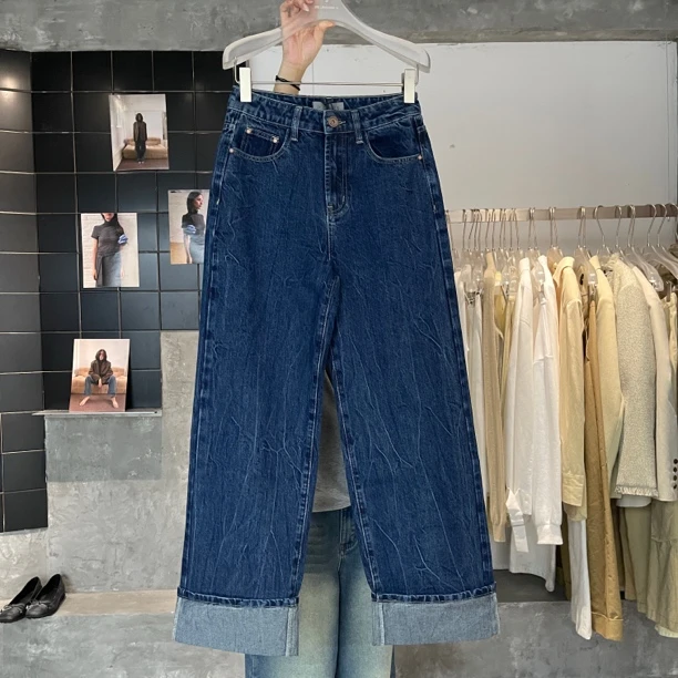 【清】逸语in choose u笑笑家2024秋季韩版水洗翻边深蓝牛仔裤89391