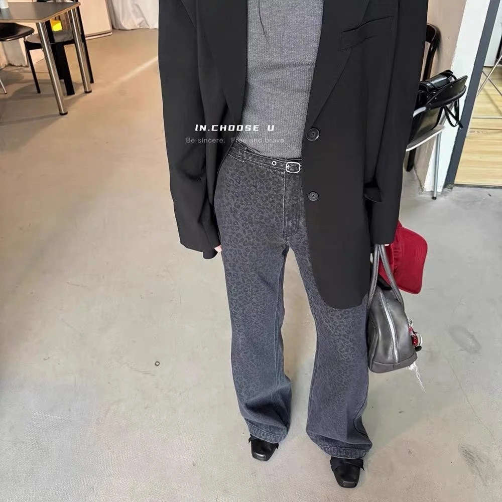 【清】IN choose u笑笑家2024秋冬韩版百搭微喇裤豹纹牛仔裤女87570