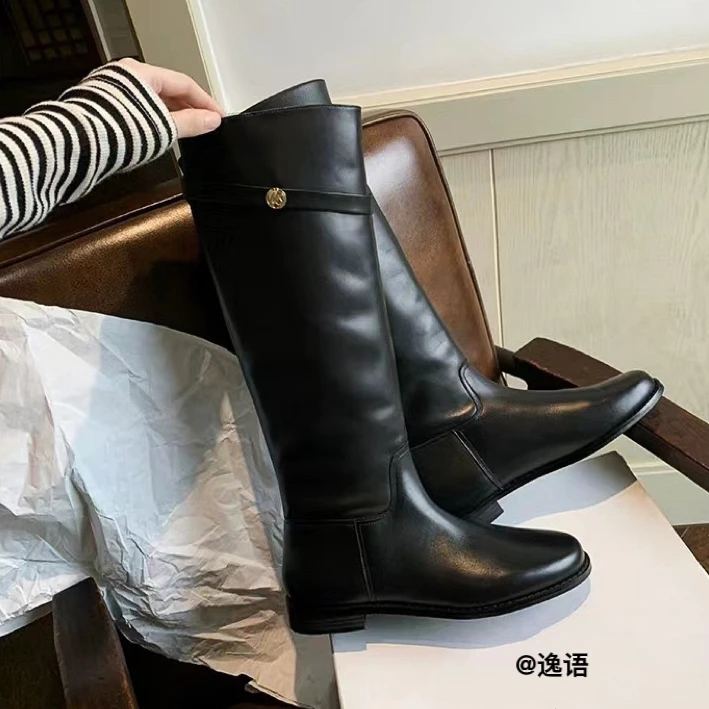 逸语2024新款小金币粗跟厚底长筒靴骑士靴女秋冬高筒靴靴子9555-1